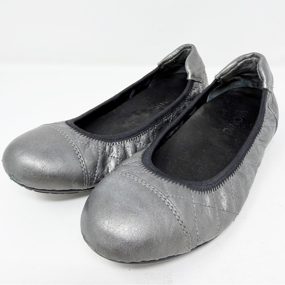 VIONIC Ava Quilted Gray Silver Leather Ballet Flats Size 5 Elastic Slip On